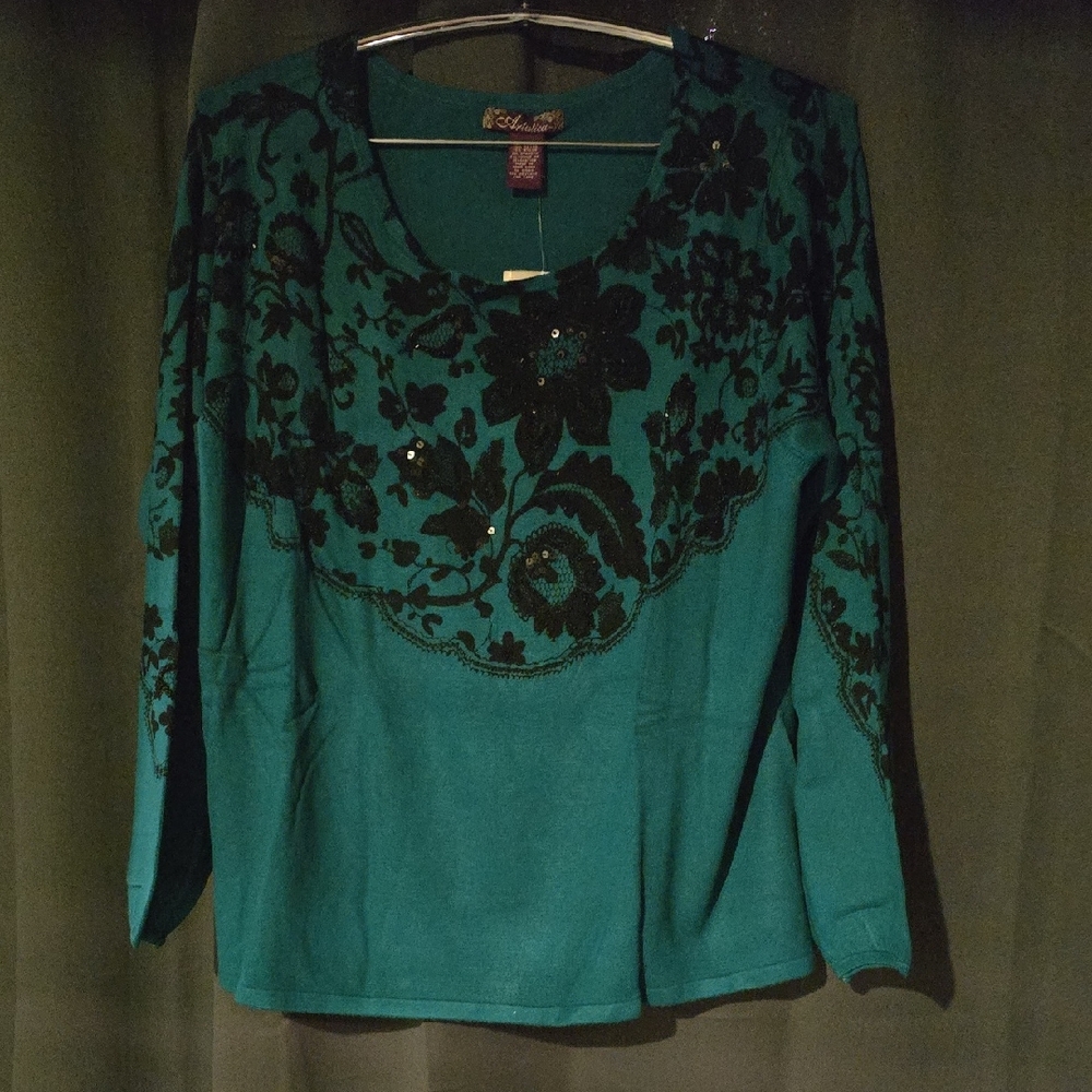 Chic Teal and Black Floral Women's Sweater